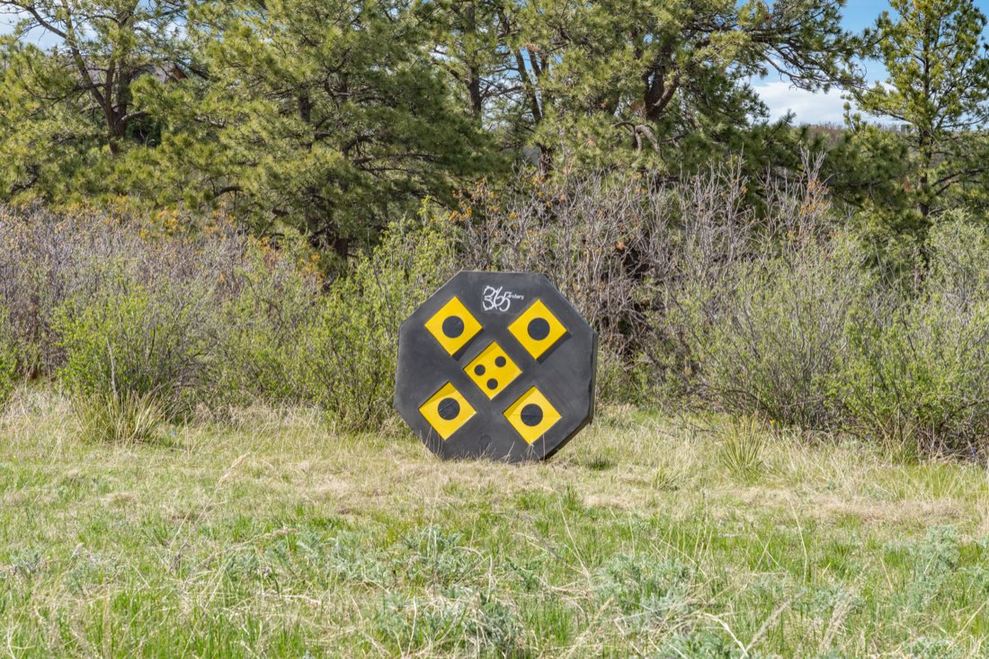 A 365 sight-in target block in a grassy clearing